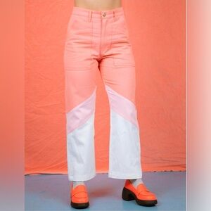 Big Bud Press Retro Pink Cotton Colorblock Cropped Raw Hem Work Pants Size LARGE